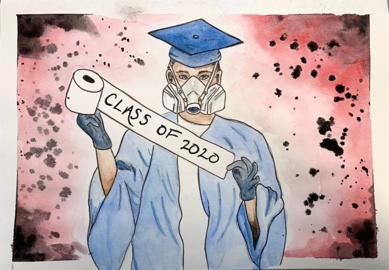 Artwork of person in graduation gown and hat holding toilet paper roll that says "Class of 2020"