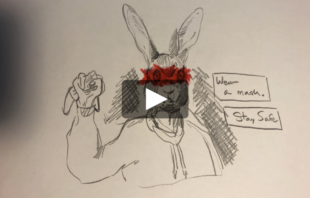 Video thumbnail of a rabbit with red eyes with the words "wear a mask" and "stay safe"