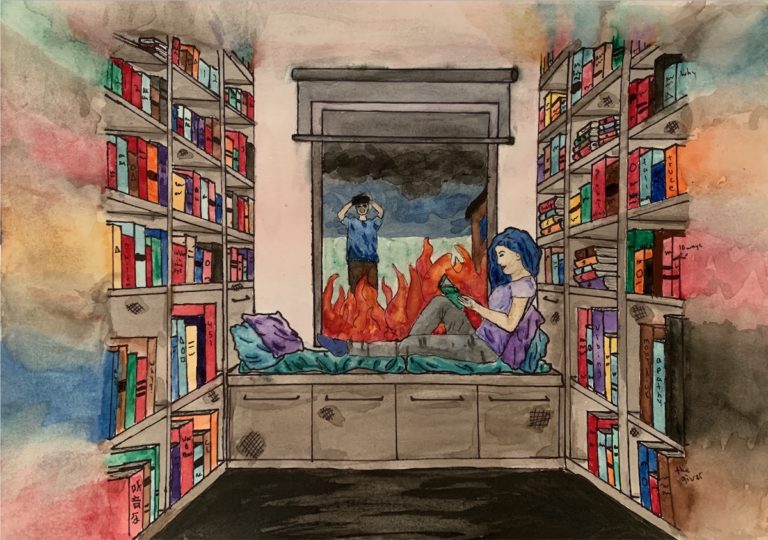 Artwork of person reading a book with the outside in flames with another person looking in