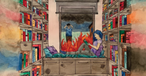 Artwork depicting person reading a book inside while the outside is on fire and another person looks in