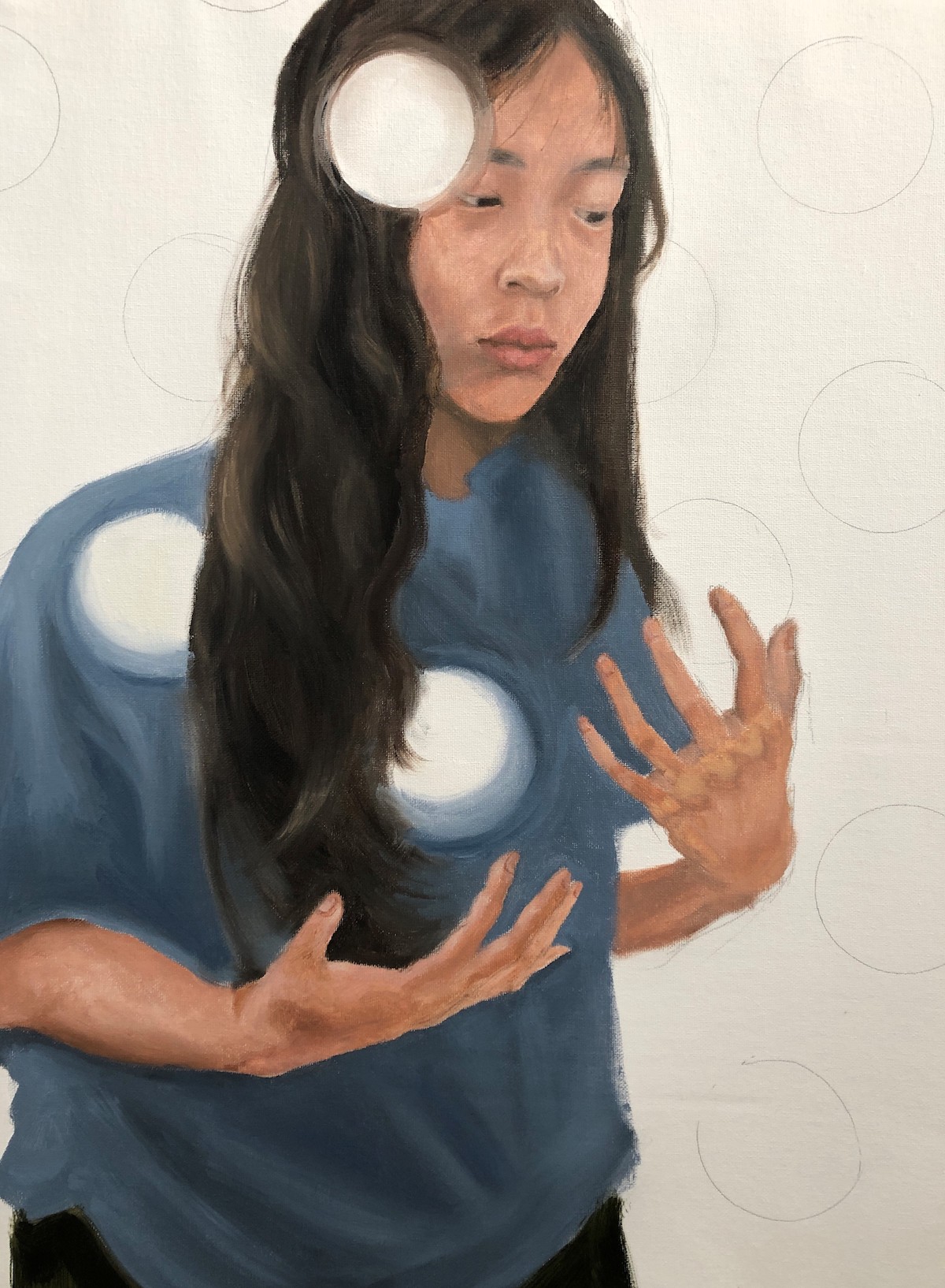 Artwork painting of person in blue shirt with holes in their head, shoulder and heart