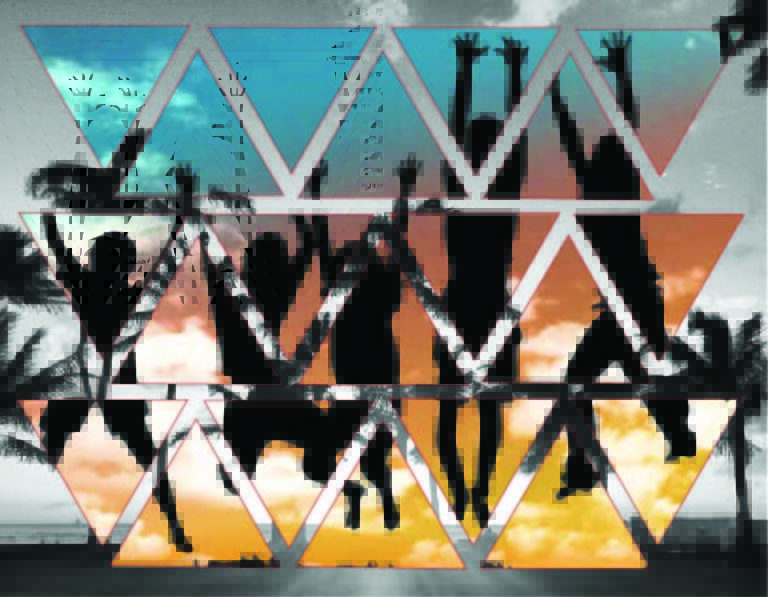 Artwork of people jumping with triangles and palm trees